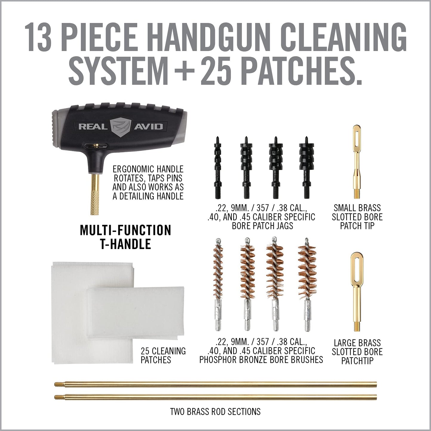 Real Avid PRO Handgun Cleaning Kit – Multi-Caliber Pistol Cleaning Kit for .22, 9mm, .357, .38, .40, .44 & .45 – Brass Rod, Bore Brushes, Jags, Patches & Crush-Proof Range Case