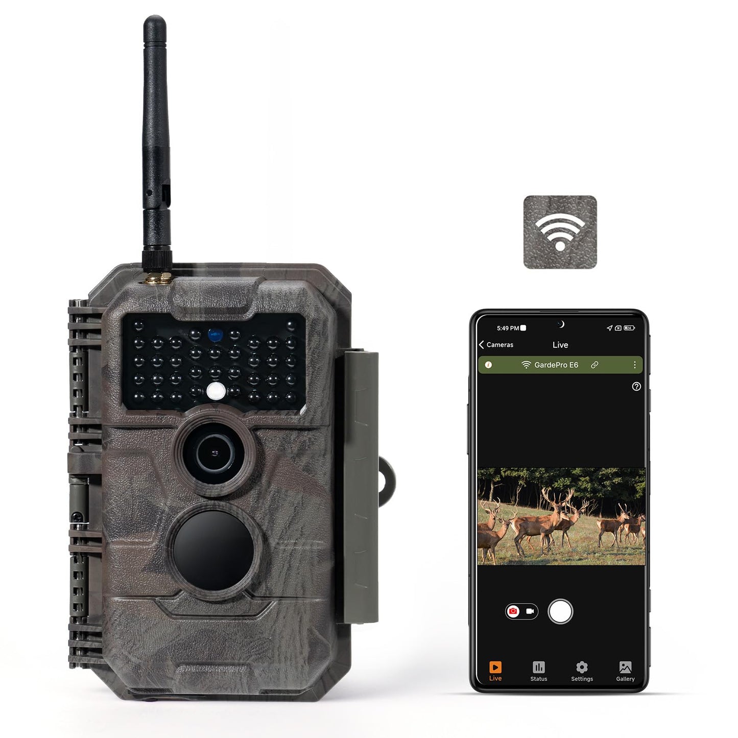 GardePro E6 WiFi Trail Camera (Non-Cellular), Stable WiFi with External Antenna, On-Site App Viewing, 64MP 1296P HD, No-Glow Night Vision, Motion Activated Waterproof Game Camera