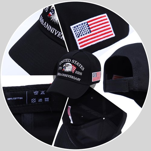 ZHUGLO 250th Anniversary Patriotic Baseball Cap (1776-2026) Embroidered USA Hat, Adjustable Unisex Bicentennial Gift (US, Alpha, One Size, Black)