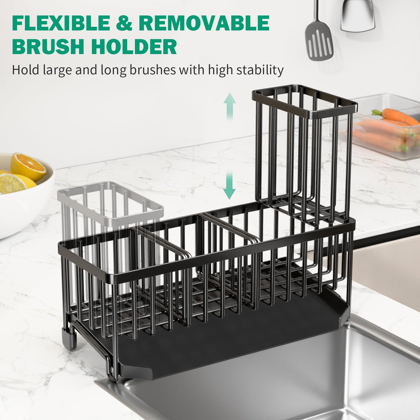 TomCare Extra Large 11'' Sink Caddy With Drain Tray Non-slip Kitchen Sink Organizer With 2 Adjustable Dividers High Brush Holder Rustproof Sponge Holder Kitchen Storage Accessories for Counter
