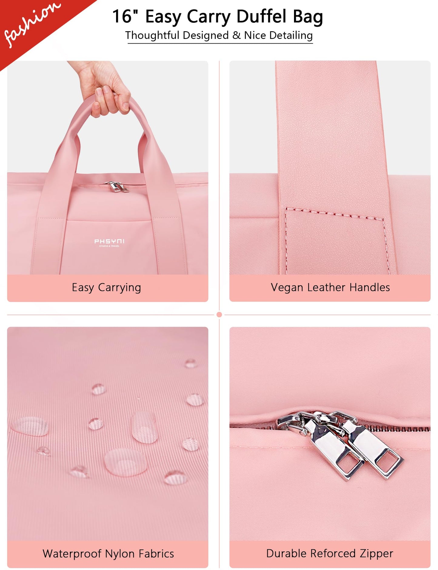 16" Gym Bag for Women,with Shoes Compartment and Waterproof Pocket(Pink)
