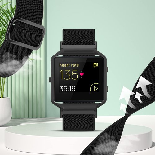 ESeekGo Elastic Bands Compatible for Fitbit Blaze for Men Women, Nylon Adjustable Stretchy Loop Braided Straps with Metal Frame Compatible for Fitbit Blaze Bands for Women Men, Black
