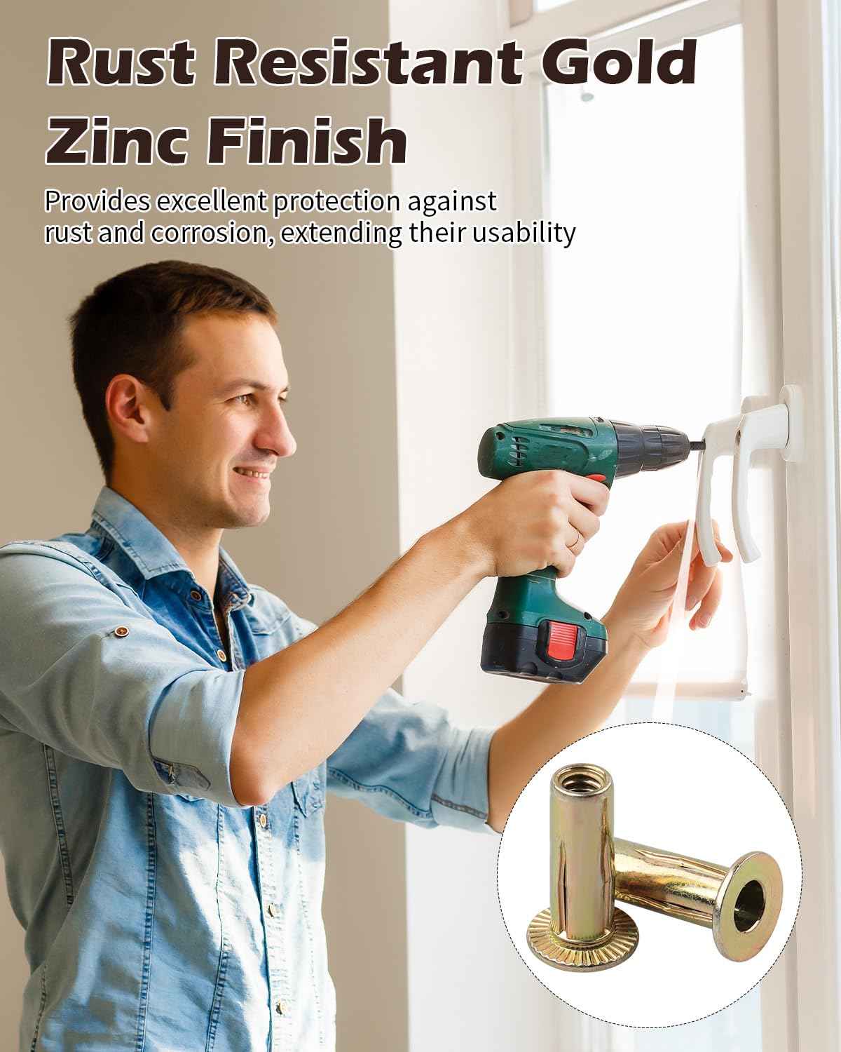 AOKLIT 50 Pcs Multi Grip Rivet Nut Kit, 1/4-20 Rivet Nuts Carbon Steel Pre-Bulbed Shank Color-Zinc-Plated Flat Head Threaded Insert Nut