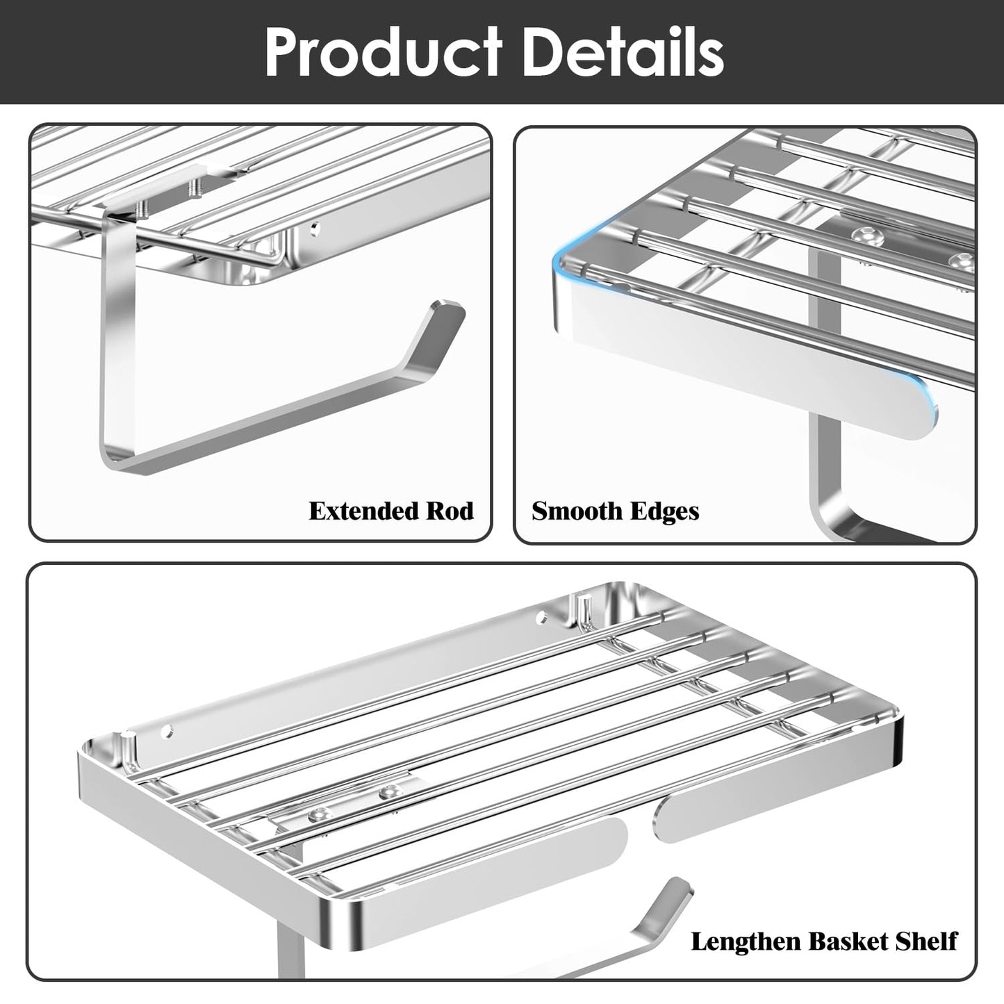 AIDILI Toilet Paper Holder with Phone Shelf, Self Adhesive Toilet Tissue Roll Holder Without Drilling, Rustproof Stainless Steel Tissue Paper Holder for Bathroom Hardware Accessories