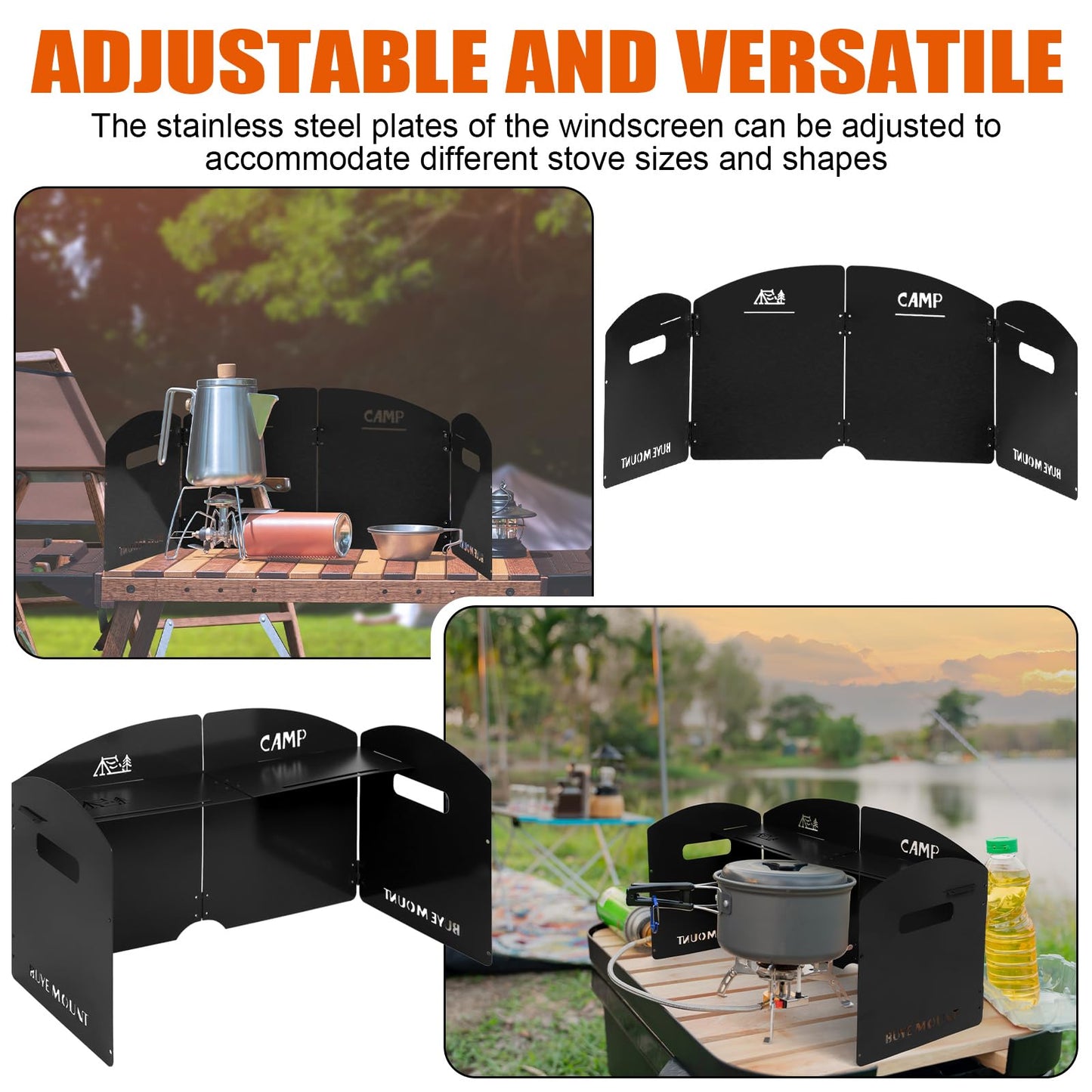Black Camping Stove Windscreen 4 Plates Steel Camp Stove Windscreen Folding Outdoor Picnic Cooker Stove Wind Screen Windshield with Drawstring Bag for Camping, Hiking, Picnic, Backpacking, Cooking