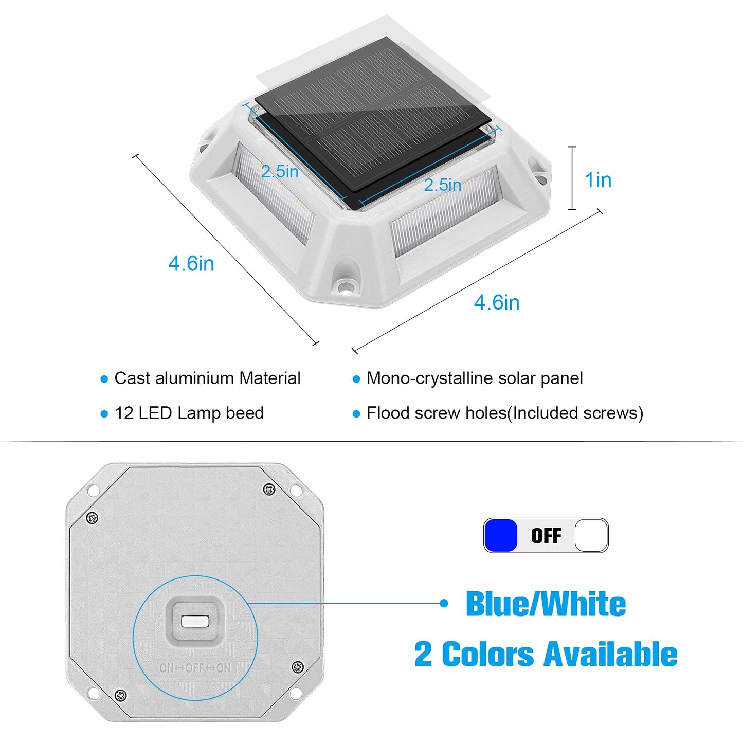 VOLISUN Solar Driveway Lights Dock Deck Lights 8-Pack,2 Colors in 1,Solar Powered 1200mAh Battery,Waterproof Outdoor Warning Step Light for Driveway Sidewalk(2 Colors Lighting,White/Blue)