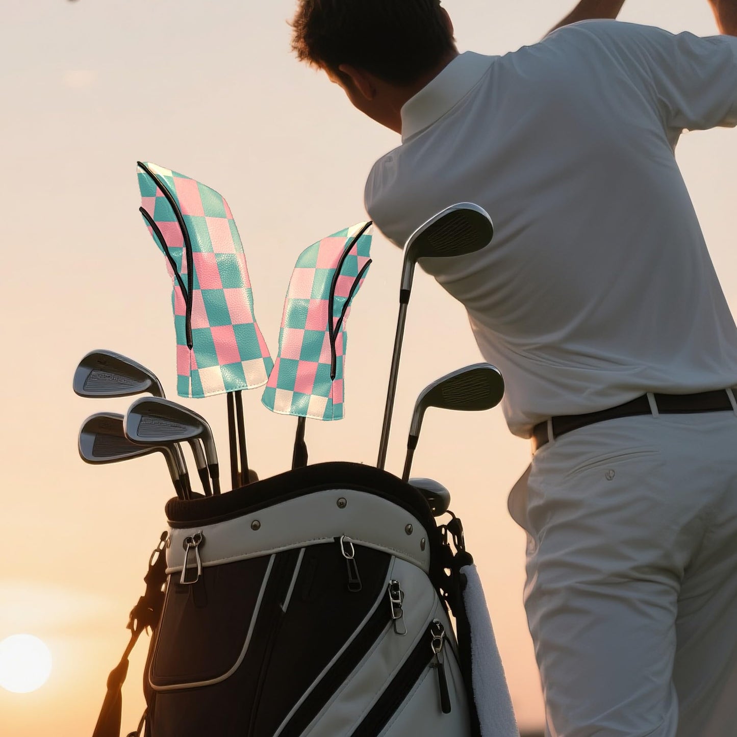 Golf Club Head Covers for Driver and Fairway Woods, Waterproof Leather Headcovers for Golf Clubs, Ideal Golf Accessories Gift for Men Women (Pink and Teal Checkered)