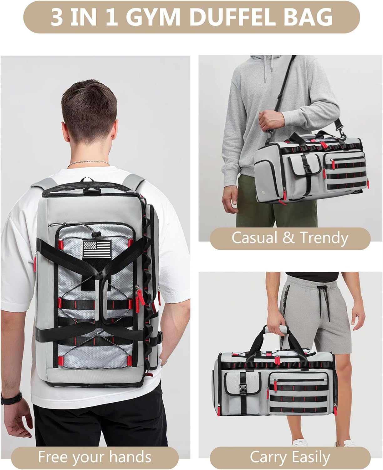 MCBD 45L Gym Bag | Versatile Duffle Sports Backpack with Shoe & Laptop Compartment - Grey