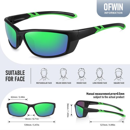 Ofwin Sports Polarized Sunglasses for Men Women UV Protective Driving Running Cycling Fishing Sun Glasses Matte Black Frame/Green Mirror Lens