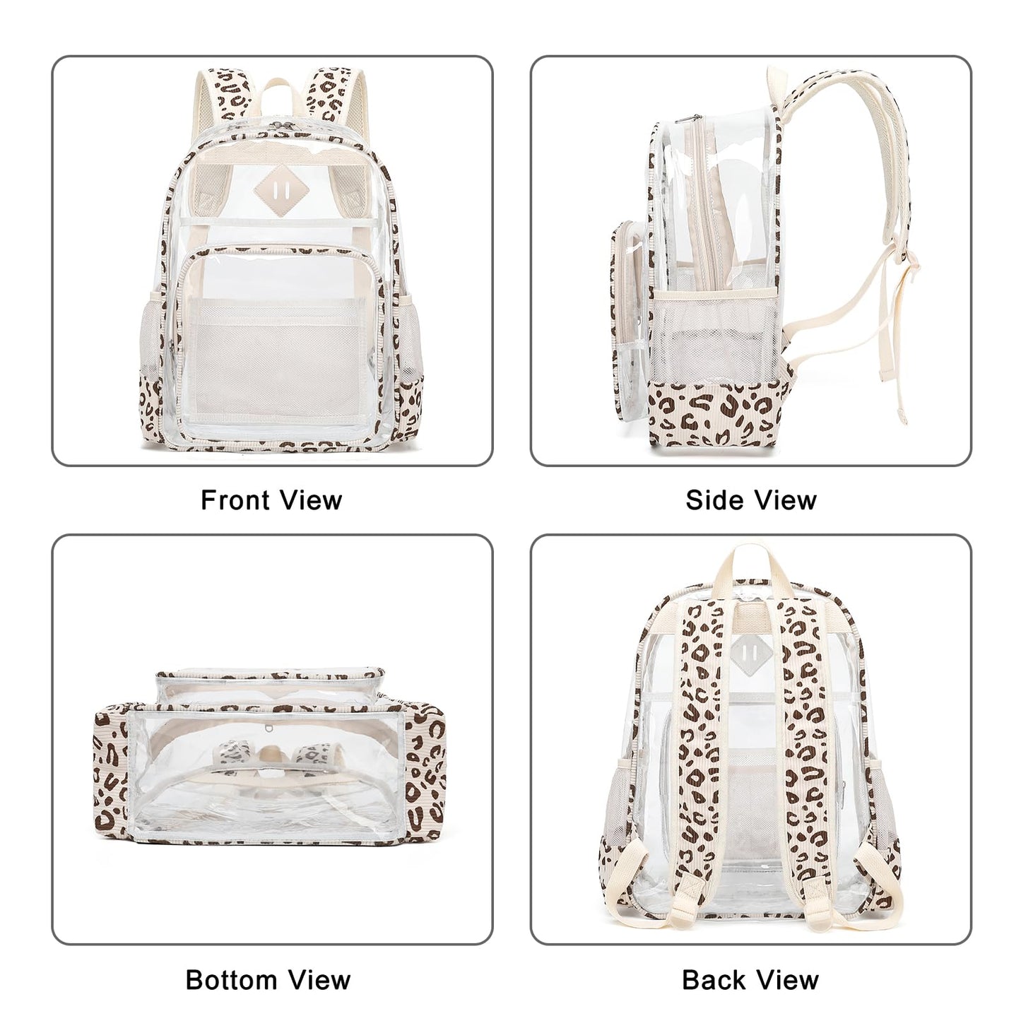 Xunteny Clear Backpack for Girls Women School Bookbag Heavy Duty Transparent Backpacks (Beige Corduroy Leopard)