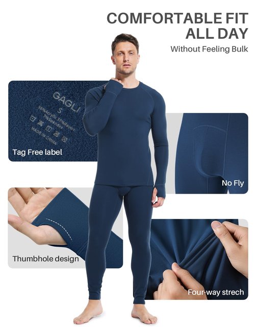 gagli Thermal Underwear for Men: Micro-Fleece Lined Base Layer, Midweight Thermal Long Johns, Soft Warm Top and Bottom Set for Cold Weather 32-50℉