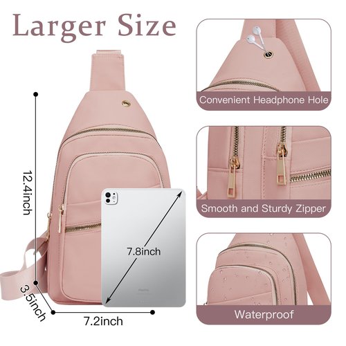 Aganmi Small RFID Waterproof Travel Crossbody Sling Bags for Women Men, Hands Free Lightweight Sling Backpack Fanny Pack Cross Body Bag for Outdoors Hiking Traveling Fitness Commuting Leisure Pink