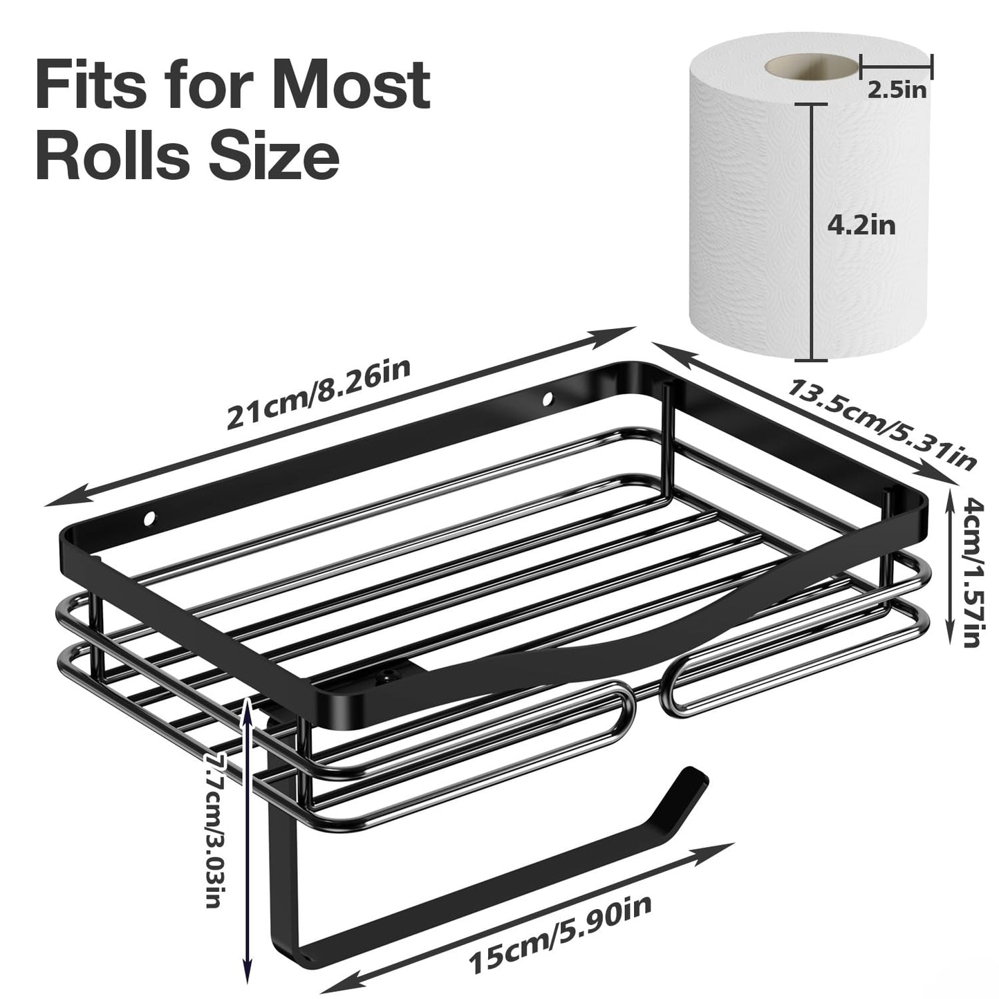 Adhesive Toilet Paper Holder Shelf - Wipes Storage Without Drilling, Stick on Toilet Paper Roll Holder, Waterproof Black