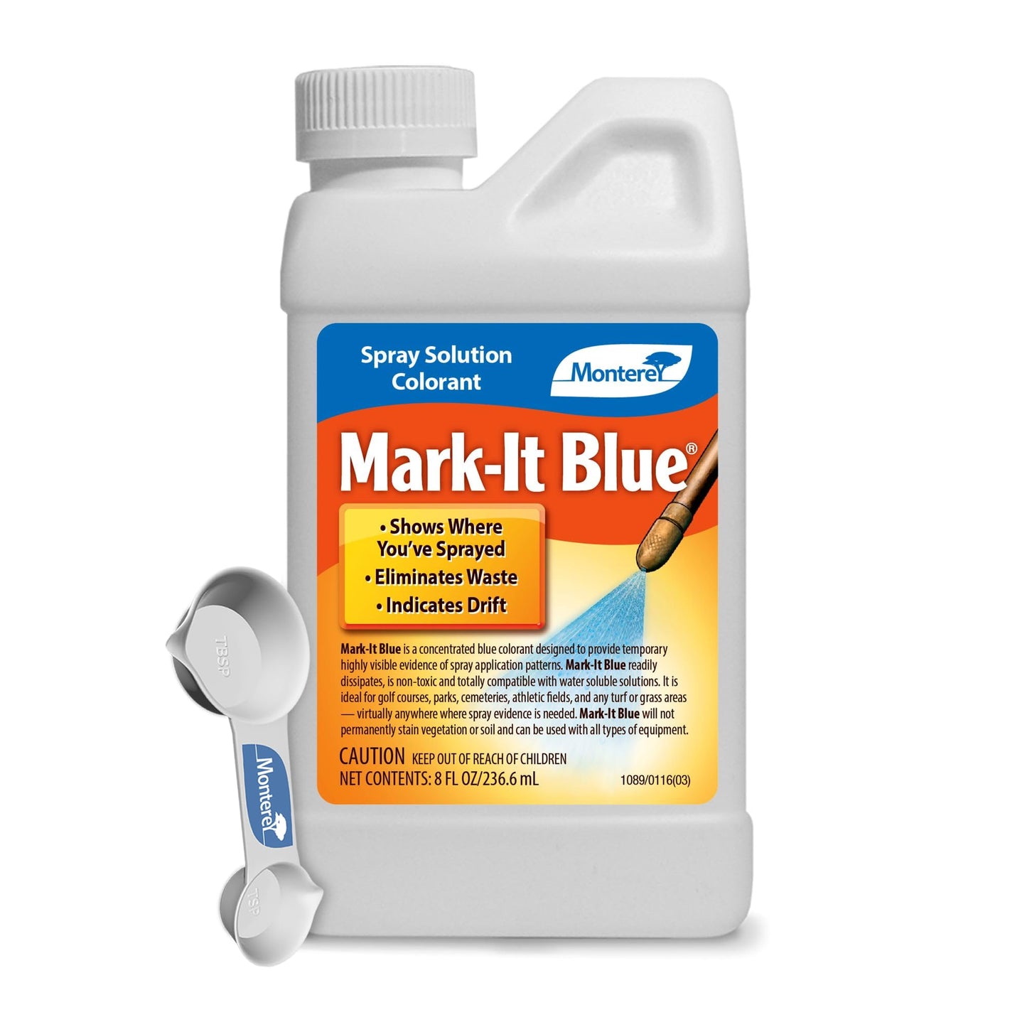 Monterey Mark-It Blue Bundled with Measuring Spoon - Spray Solution Colorant Chemical Marker Dye for Insecticide, Herbicide, and Fungicide, 8 oz