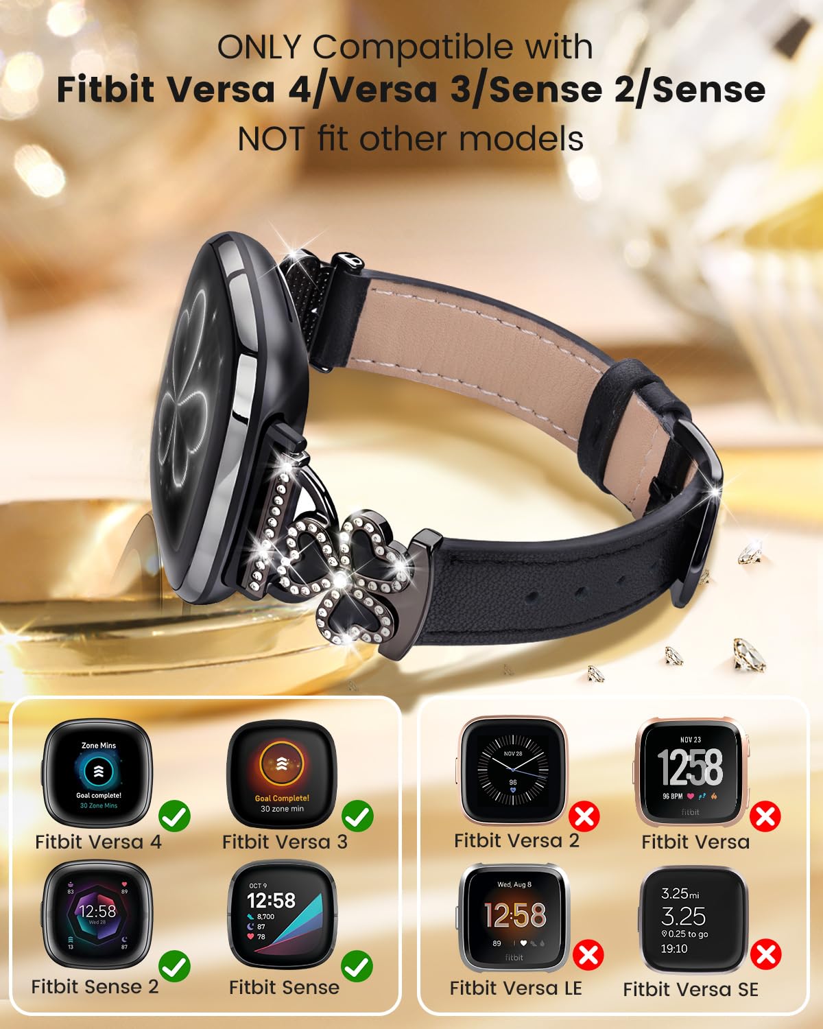 Leather Bands Compatible with Fitbit Versa 4/Fitbit Versa 3 /Fitbit Sense/Sense 2 Bands for Women, Bling Slim Leather Strap with Designer Three Hearts Design Buckle Strap for Fitbit Versa 4 Band (Black/Black)