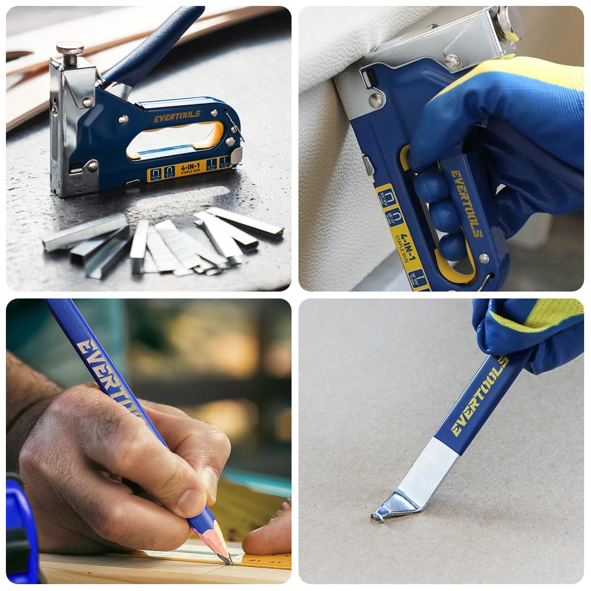 EVERTOOLS 4-in-1 Heavy Duty Staple Gun Kit with 6,000 Staples, Adjustable Power and Jam-Free Design, Includes Staple Remover and Gloves for Upholstery, Furniture, Carpentry, Decoration and DIY