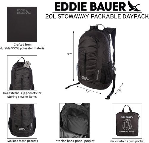 Eddie Bauer Stowaway Packable Backpack - Lightweight, Foldable Travel Bag | Durable Ripstop Polyester | 20L - Black Cherry
