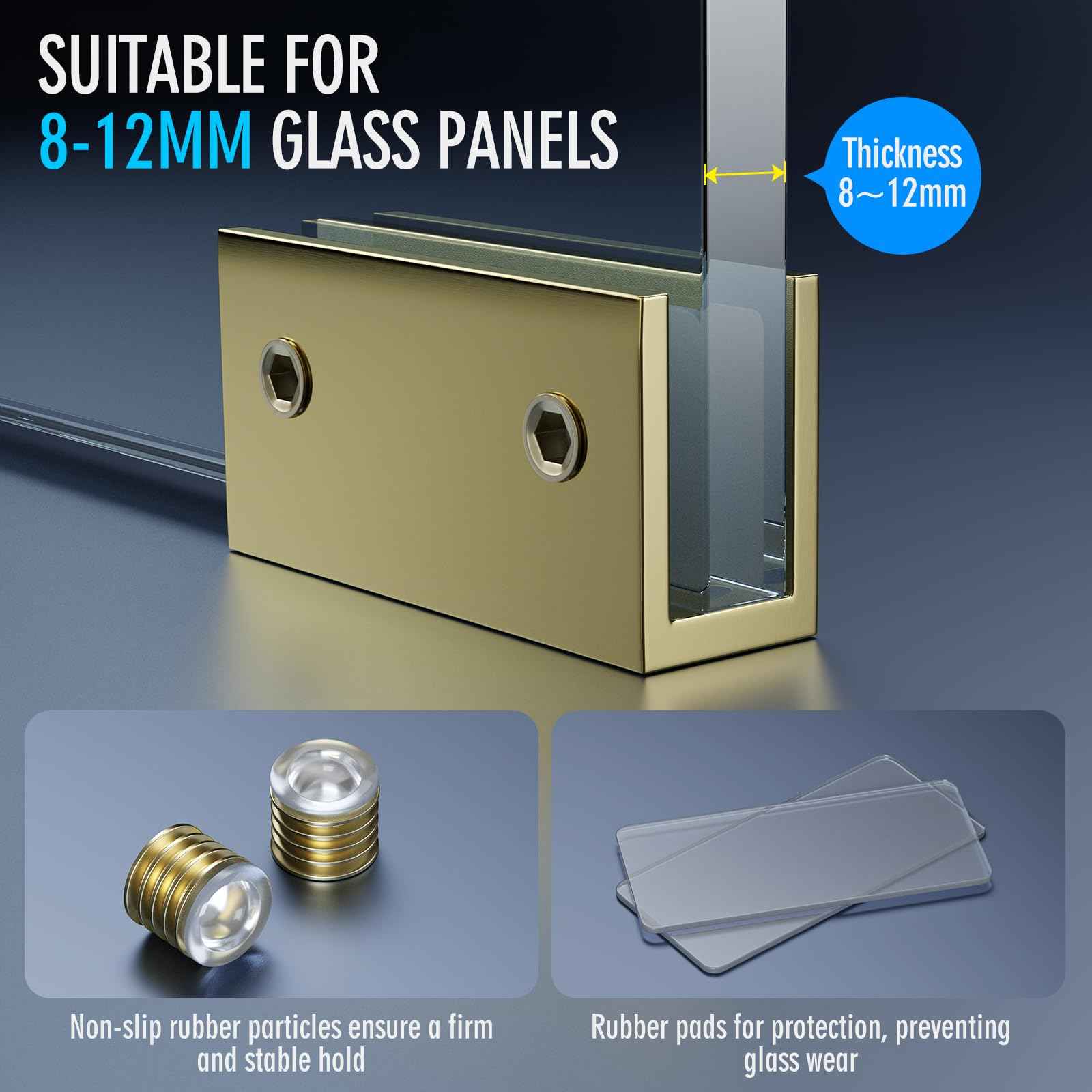 Ranbo 2 Pcs Frameless Glass Clamp Brackets for Shelf and Shower, Heavy Duty Wall Mount Rectangular Holders for 1/4" to 1/2" Panels, Matte Gold Finish Hardware