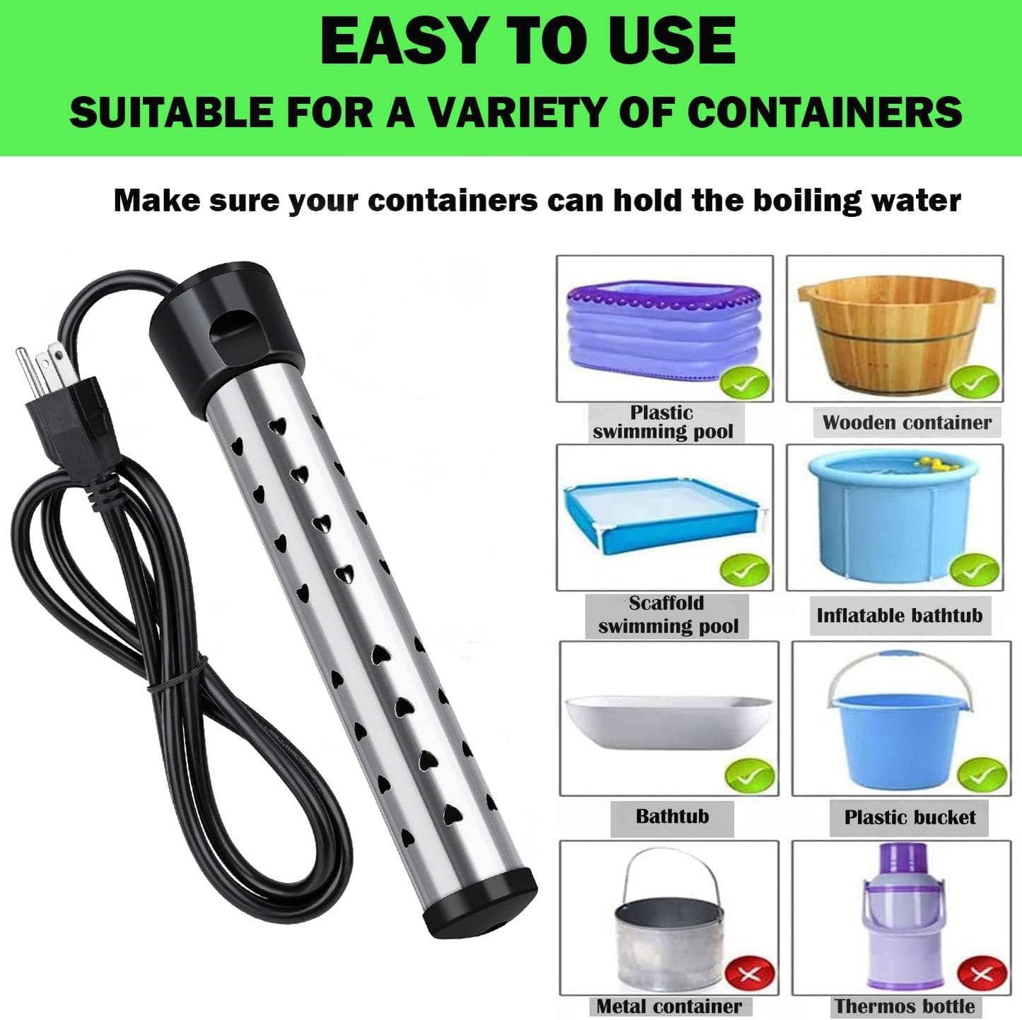 Lakkzoom Immersion Water Heater 2000W Portable Bucket Heater Stainless Steel Guard Anti-scalding Pool Heater for bathtubs,Camping,Portable Water heate Heat 5 Gallons of Water in Minutes