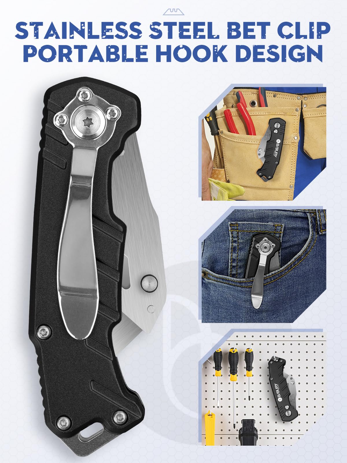 Utility Knife, BIBURY Upgraded Version Heavy Duty Box Cutter, Pocket Carpet knife with 10 Replaceable SK5 Stainless Steel Blades, Belt Clip, Easy Release Button, Quick Change and Safety Lock