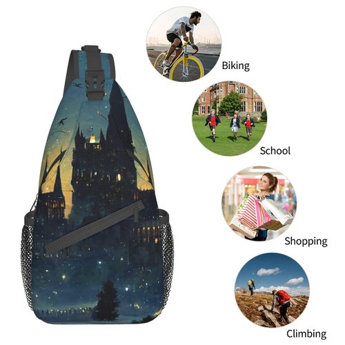 PutDiDi Wizard Castle Halloween Goth Sling Bag Crossbody Backpack for Women Men Hiking Travel Bag Pouch Small Daypack Casual Pack Cross Chest Bag Outdoor