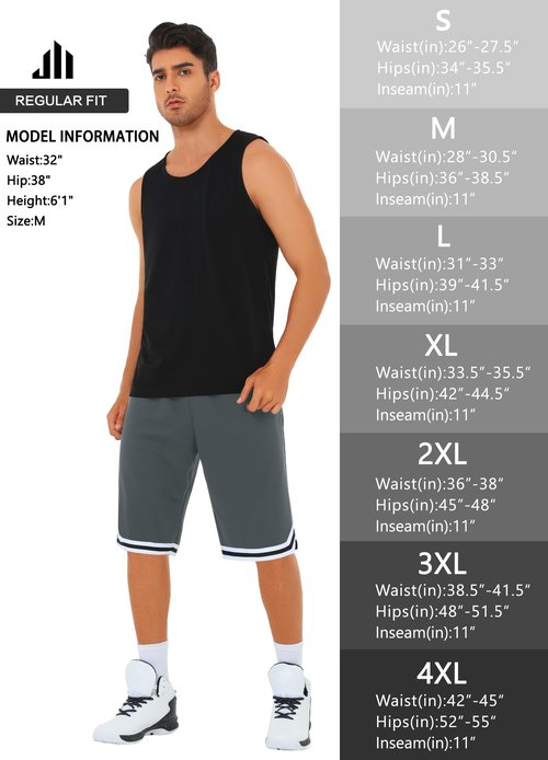 JWM Mens 11" Gym Basketball Shorts with Zipper Pockets - Long Quick Dry Lightweight Mesh Athletic Shorts for Workout Running Dark Grey