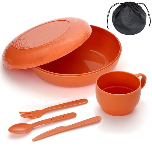 Homquen 6-Piece Camping Mess Kit with Bowl, Plate, Cup, Spoon, Fork, Knife and Carry Bag, Camping Accessories Essentials Gear Light Weight and Small Space Easy to Carry or Put in Backpack