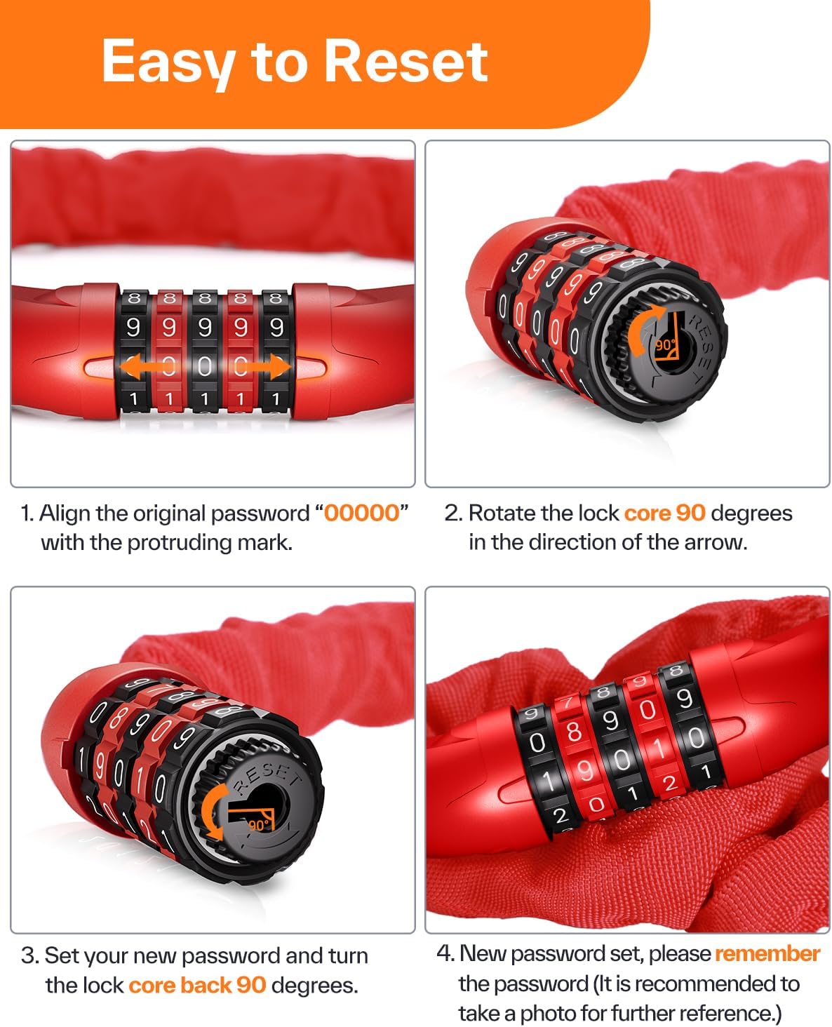 Sportneer Bike Lock - High Security 5-Digit Combination Anti-Theft Chain Lock | 3.2/3.6/4ft Heavy Duty for Bikes, Motorcycles, Scooters & Gates - 4/6mm Thick, Keyless Design
