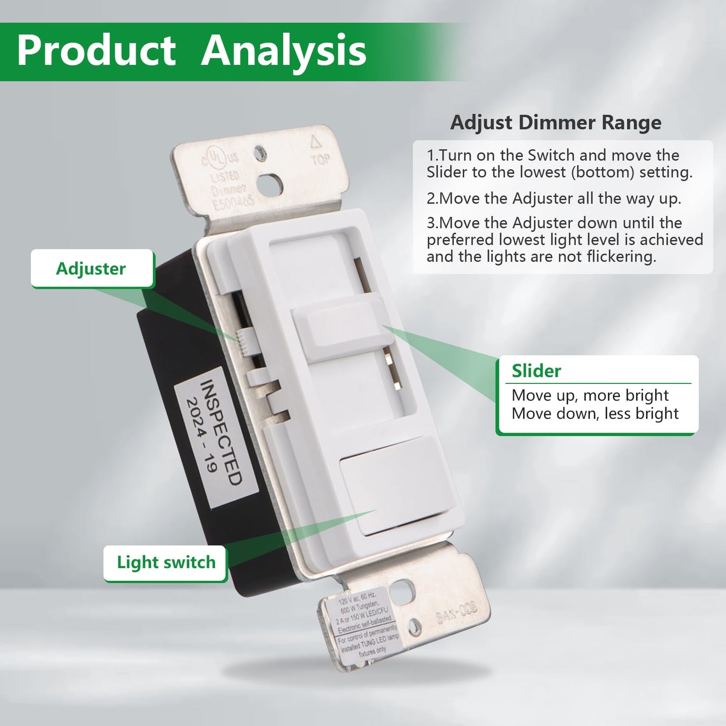 Wengart Dimmer Switch BAK-008,120VAC 150W Dimmable LED/CFL Lights,Halogen and Incandescent Bulbs 600W Max,UL Listed,White
