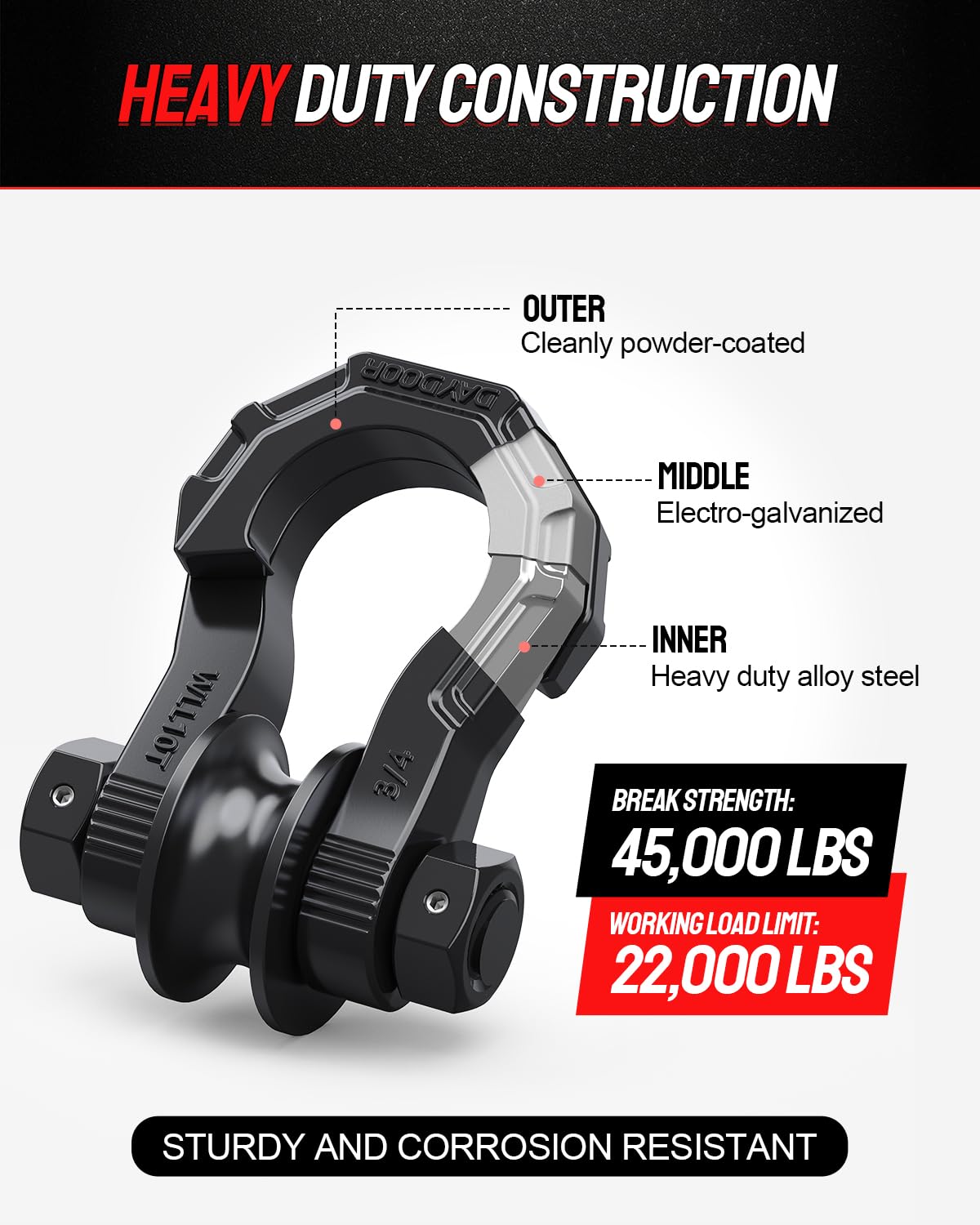 DAYDOOR D Ring Shackles with Snatch Block, 45,000Lbs Break Strength Towing Winch Shackle, 3/4" Heavy Duty Shackles with 7/8" Screw Pin for Off Road Vehicle Recovery(2 Pack, Black)