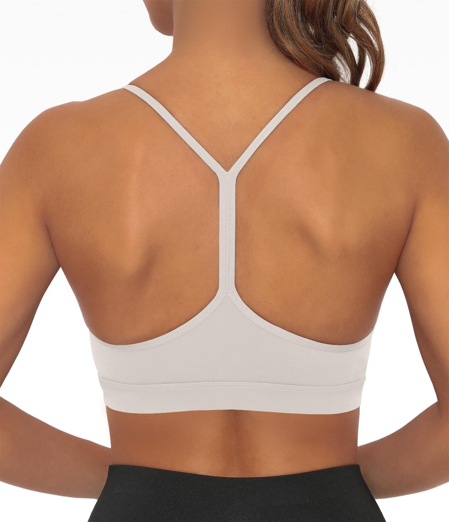 Y Back Sports Bra for Women Low Impact Racerback Workout Bras Sexy Thin Straps Yoga Sport Bras with Removable Pads(Beige-M)