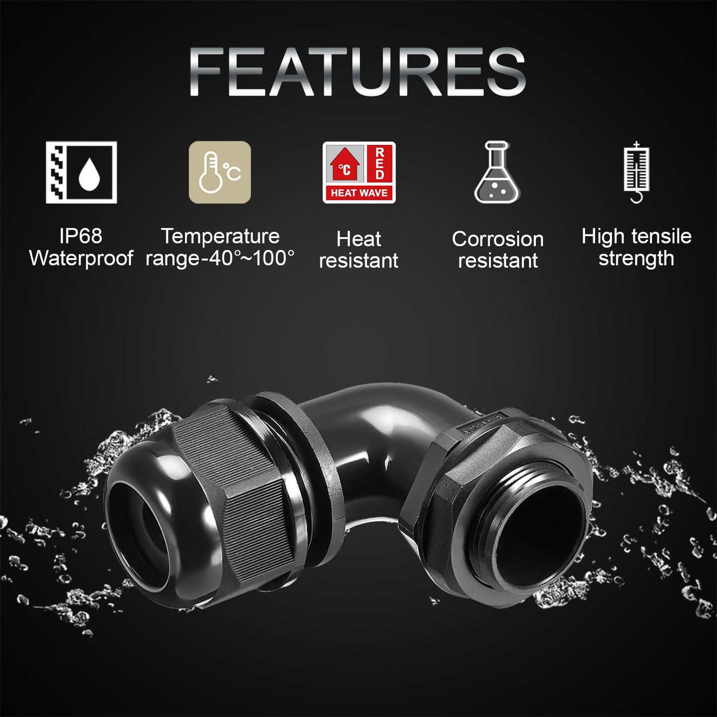 LeMotech M12 Cable Gland, 90 Degree Adjustable 4-8mm Strain Relief, Cord Connectors Nylon Joints with Gaskets, 6 Pcs, Black