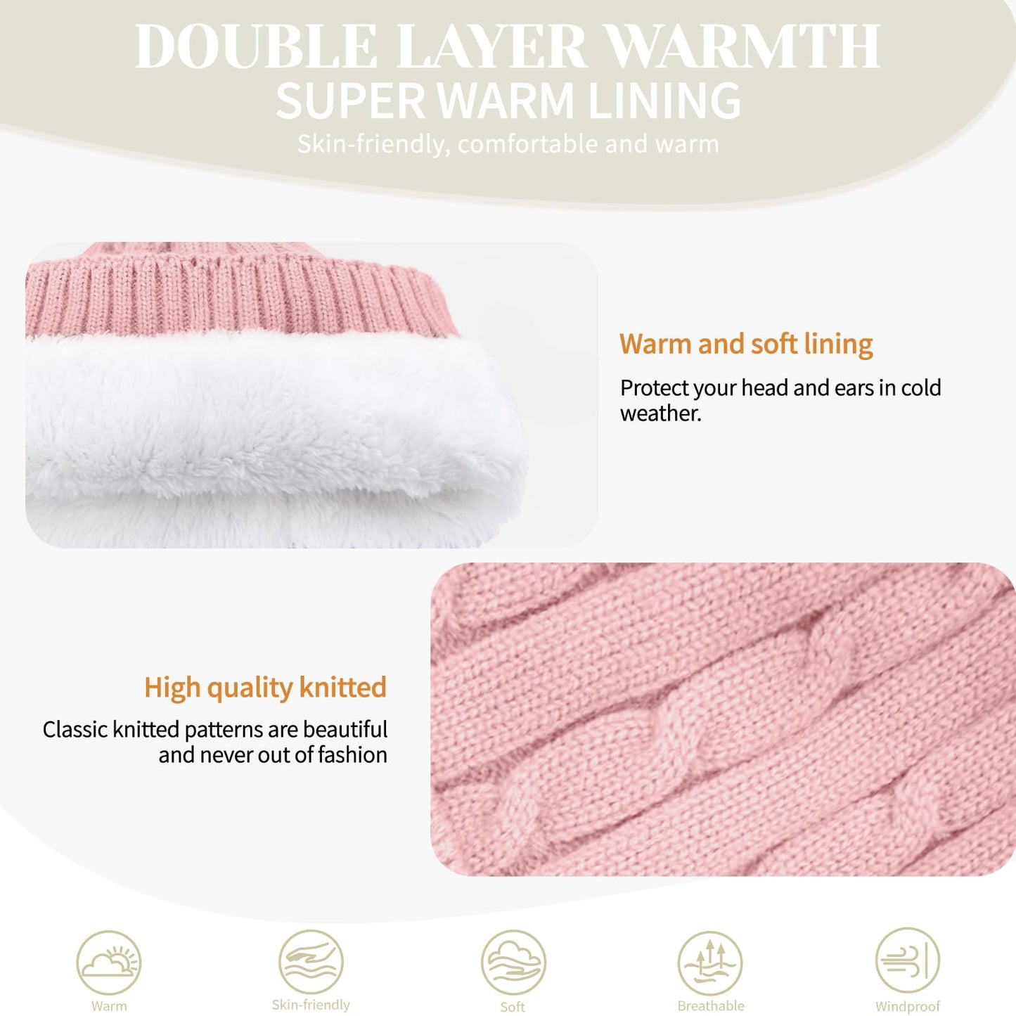 Beurlike Winter Beanie Hats for Women Fleece Lined Warm Thick Soft Stretch Knit Cap for Cold Weather(Pink)