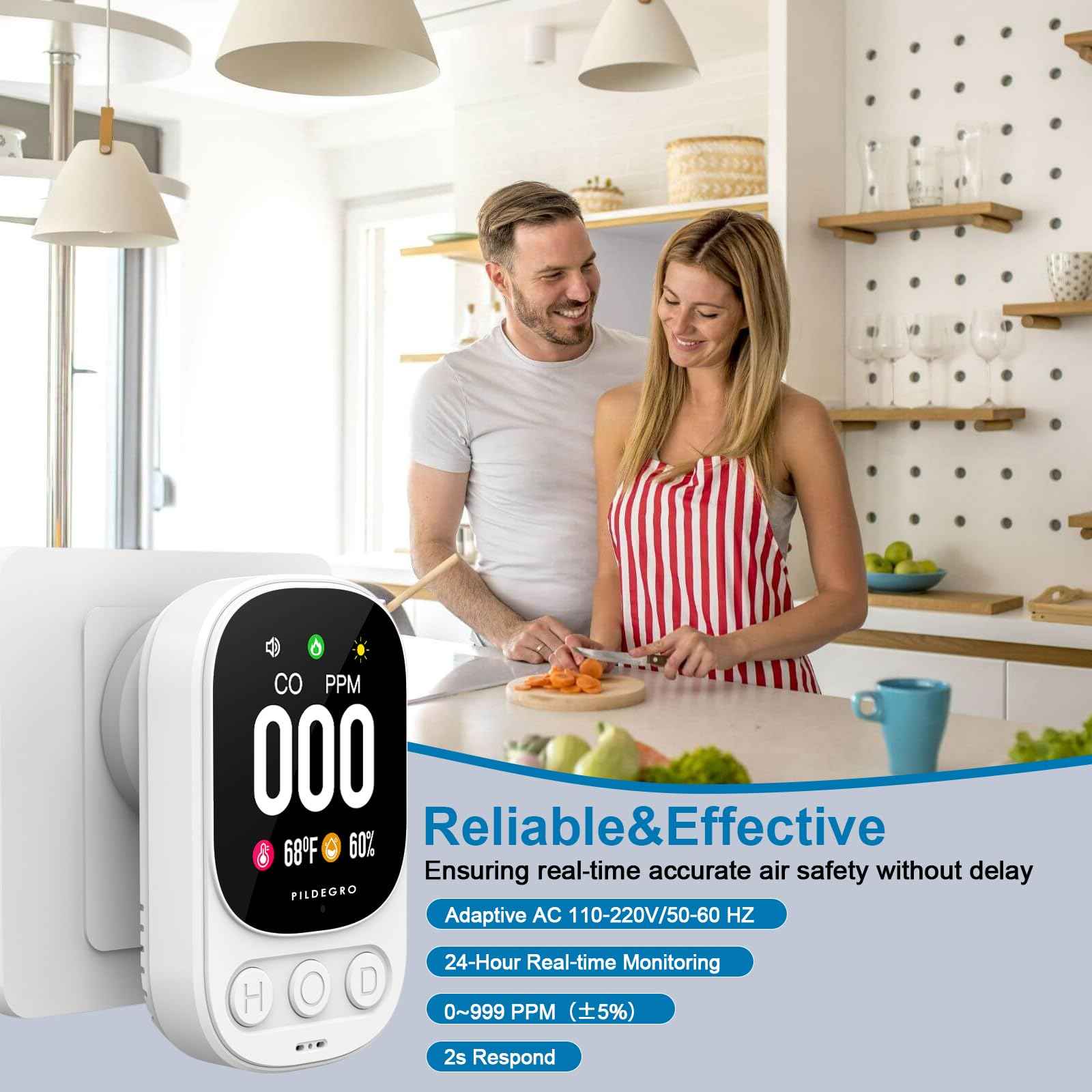 Pildegro 3-in-1 Carbon Monoxide Detector Plug in, Professional 2.1" LED Plug-and-Play Real-Time CO Monitor with Temp & RH, Premium Portable Travel CO Alarm with 85dB Loud Alarm (White/Classic)