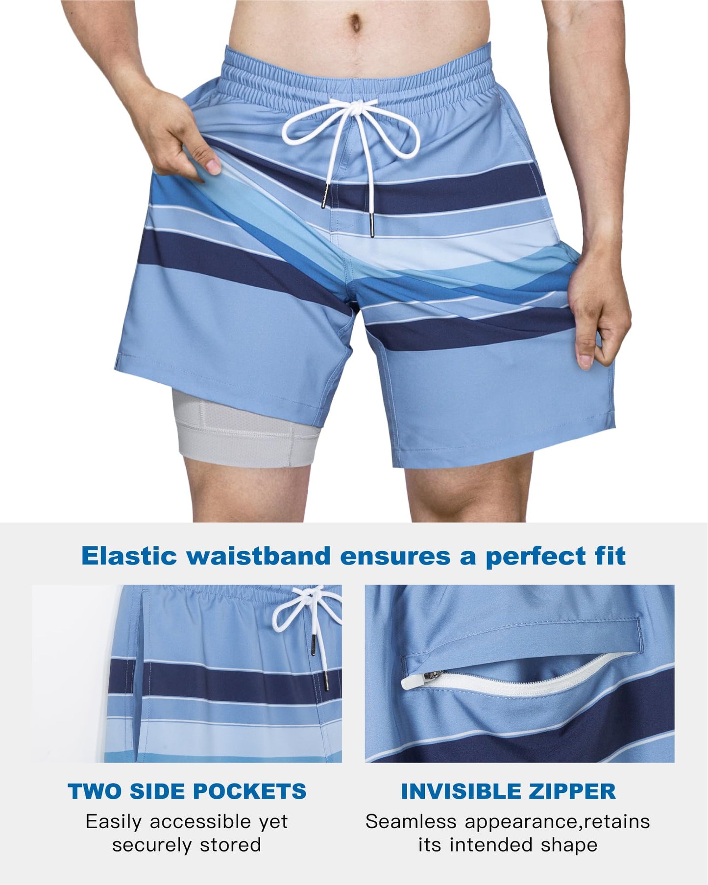 SURF CUZ Mens Swim Trunks with Compression Liner Quick Dry Swim Shorts 7" Swimming Trunks Stretch Bathing Suit 7 Inch,Blue Stripes,XL