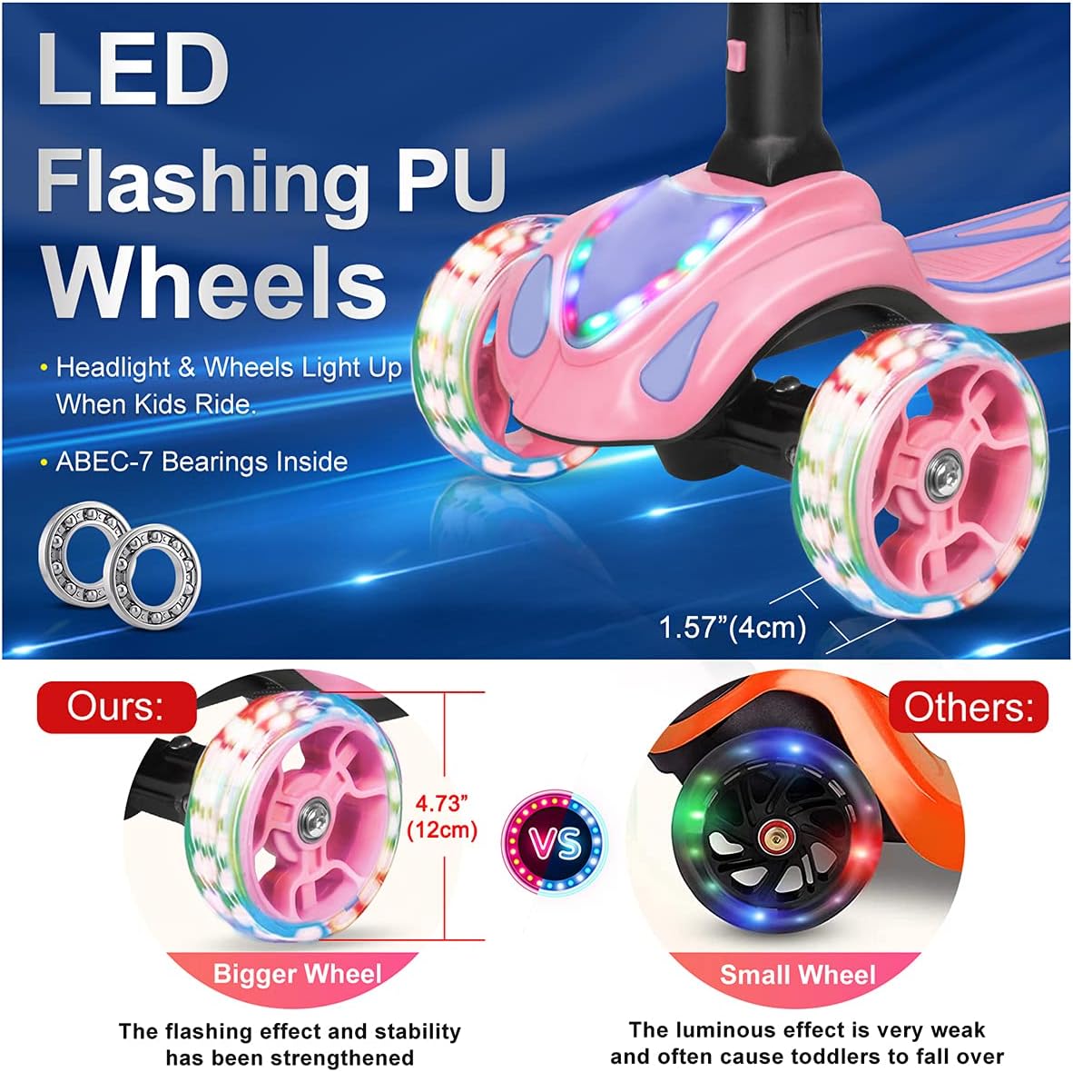 Skiennix 3-Wheel Kids Scooter - Bluetooth Music Speaker & LED Lights | Foldable Aluminum Alloy T-Bar for Ages 3-10