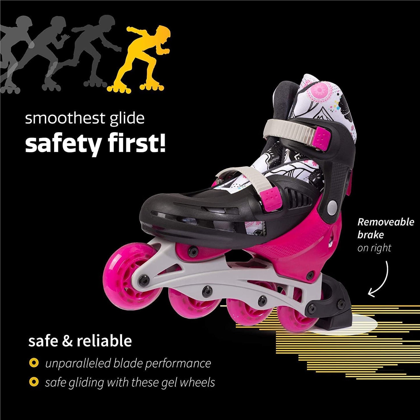 New Bounce Adjustable Inline Skates for Kids, 4 Wheel Skates, Pink, Medium, 2-6 US (EUR 36-39)