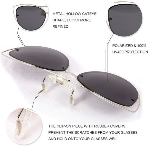 FEISEDY Polarized Cat Eye Clip-On Sunglasses - Stylish Rimless Flip-Up Design for Prescription Eyewear