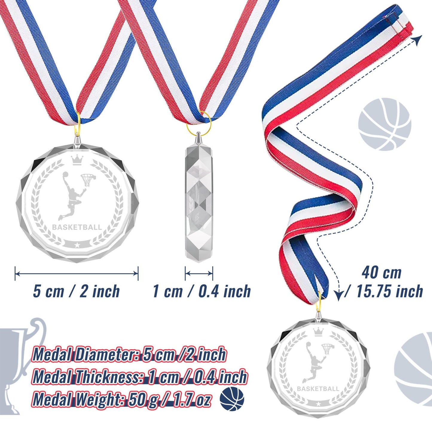 12 Pieces Crystal Award Medals Football Baseball Soccer Basketball Winner Medals, Crystal Medals with Neck Ribbons, Winner Gift Prize Award Medals for Kids Tournaments Match Sports Competition Teams
