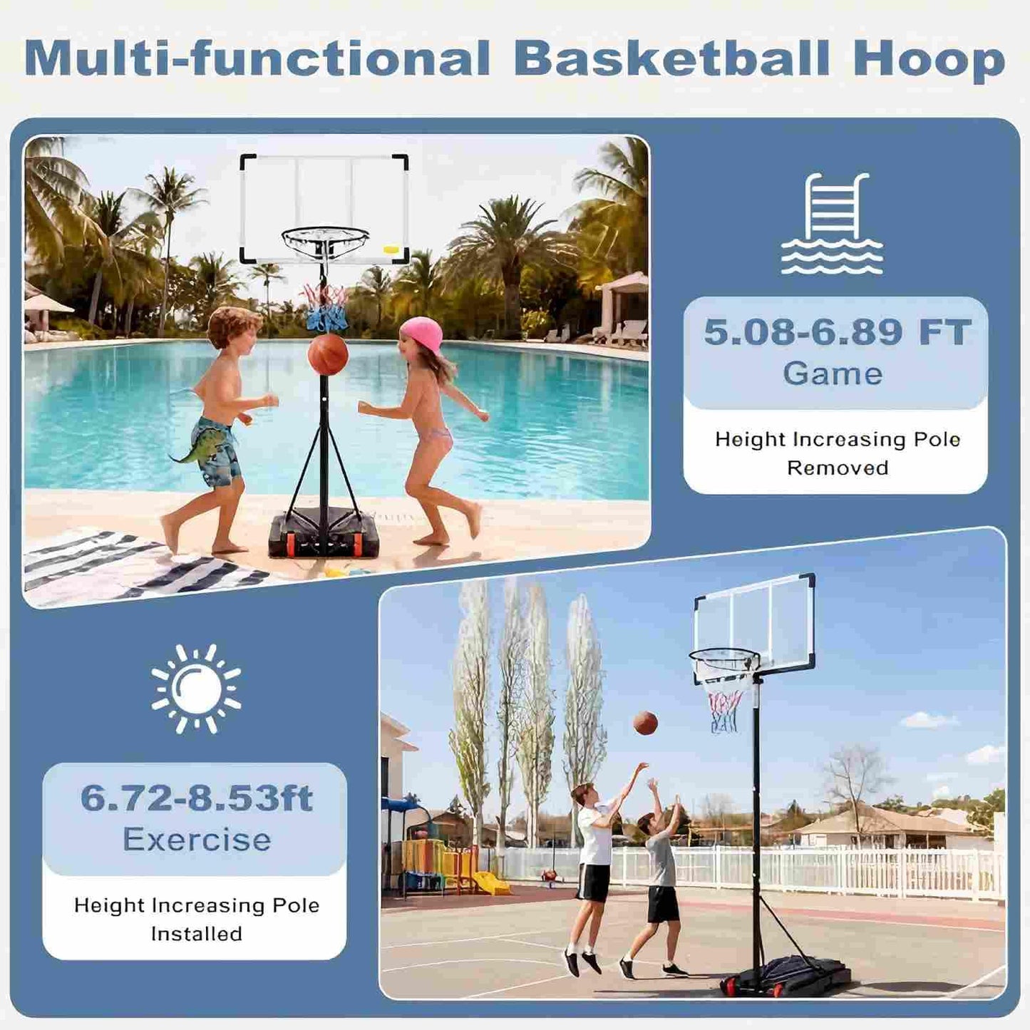 DUMOS 5.08-8.53FT Portable Basketball Hoop Outdoor for Kids, Adjustable Height 44 Inch Shatterproof Backboard w/Shock Absorbent Rim, Fillable Base, 2 Wheels for Swimming Pool/Indoor, White