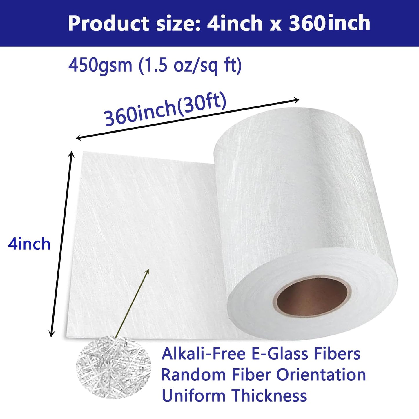 mychoiii 1.5oz Fiberglass Chopped Strand Mat – 4" x 360" Tape Roll – 450gsm E-Glass Repair Cloth for Seams, Cracks, Auto Body Reinforcement | Polyester & Vinyl Ester Resin Compatible