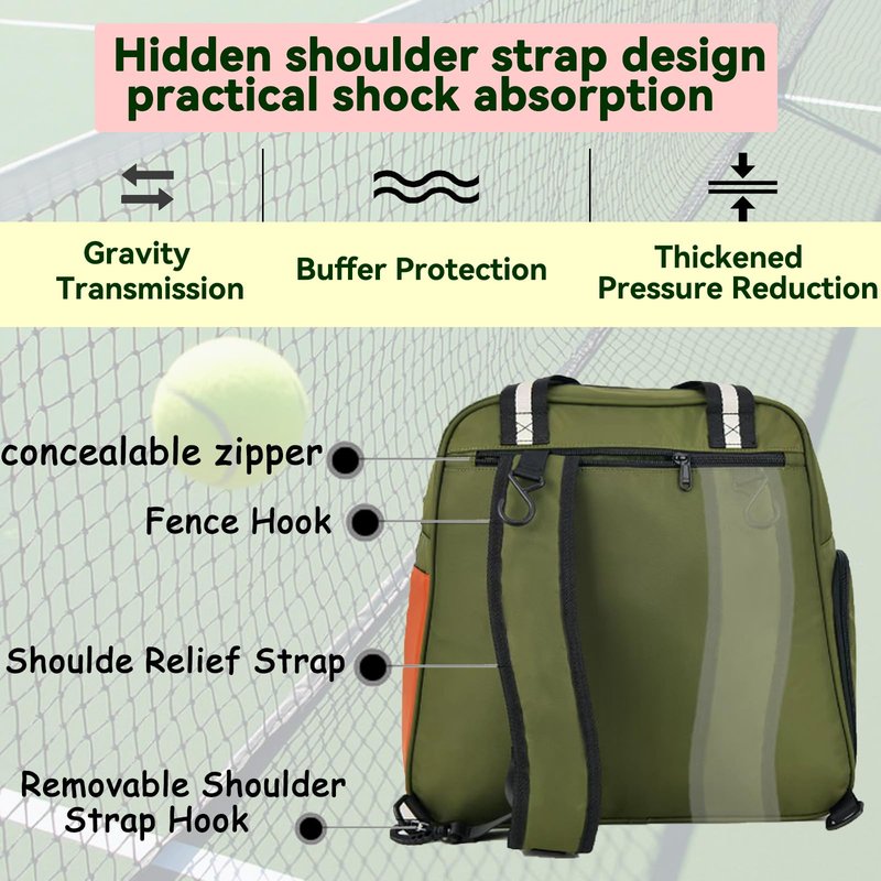 Pickleball Bag for Women Men Large Tennis Backpack for Pickleball, Tennis, Racketball, and Travel Sling Bag with Shoe Compartment and Fence Hook External Ball B-ag and Adjustable Shoulder Strap