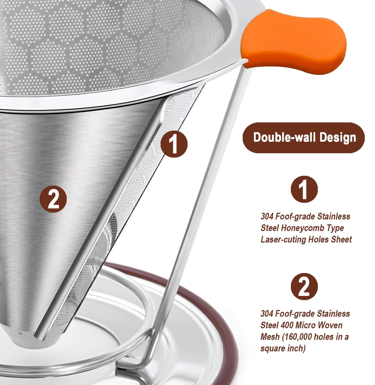 Pour Over Coffee Dripper, Stainless Steel Filter, Easy to Clean Paperless Pour Over Coffee Maker,Reusable Filter, Cone Dripper with Removable Cup Stand