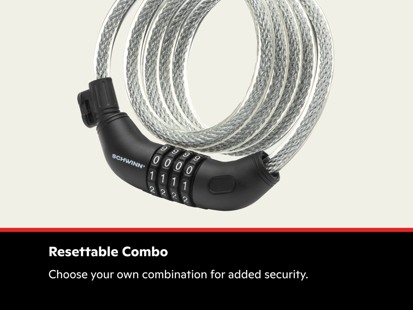Schwinn Bike Combination Cable Lock, 6 ft x 12 mm, Black & Silver, Durable Steel, Vinyl Cover, Carrying Bracket for Storage and Transport, Anti Theft Protection, Bike Lock Cable for Security