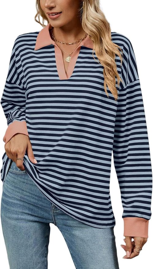 DMOYALA Striped Sweatshirt - Women's Long Sleeve Polo V-Neck Oversized Fall Top | Trendy Y2K Style