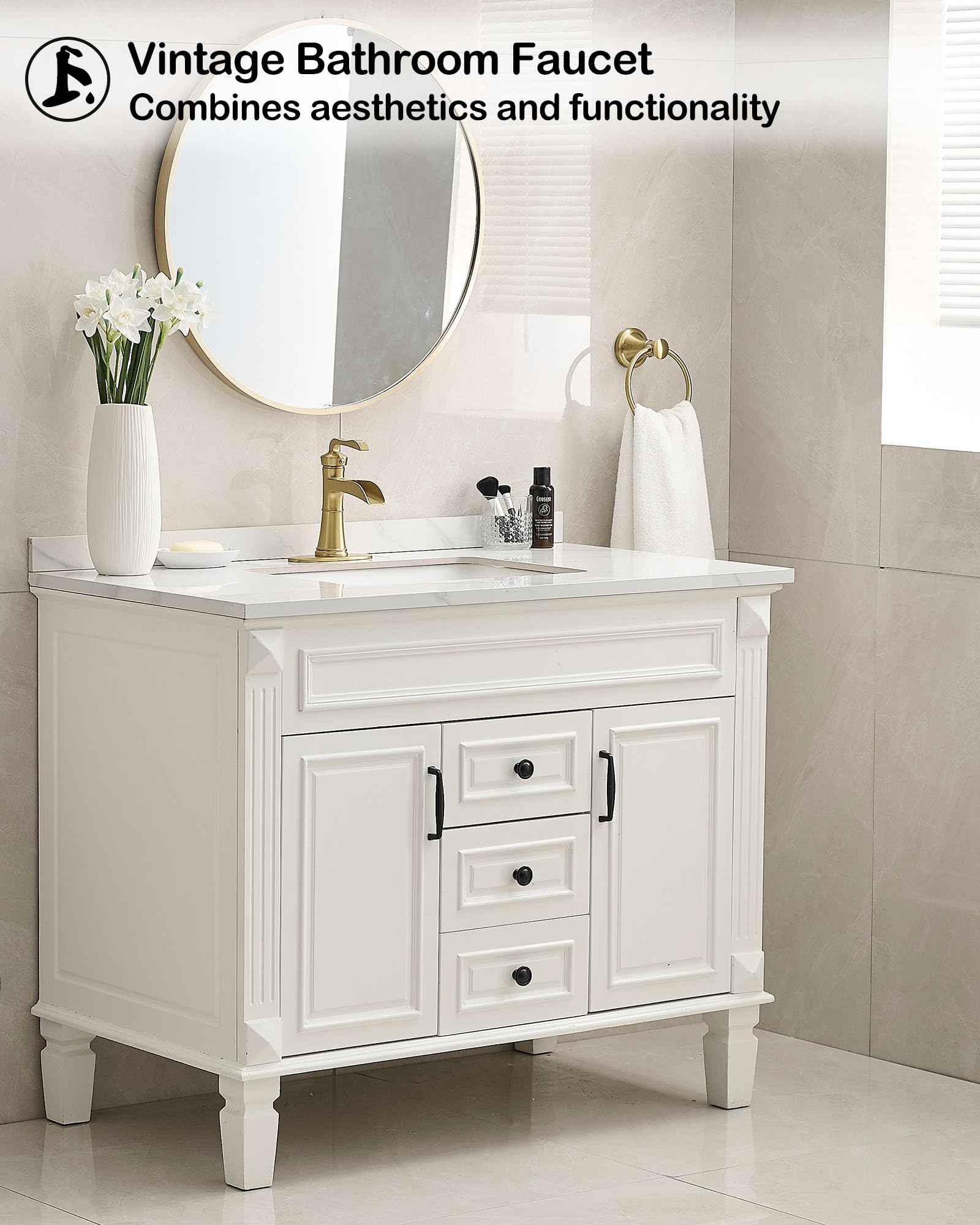 HEYMYTAP Brushed Gold Faucets for Bathroom Vanity Faucet 1 Hole, Brass 4 Inch Waterfall Bathroom Sink Faucet 3 Hole, Single Handle Bathroom Faucet with Deck Plate, Pop-up Drain and Supply Hoses