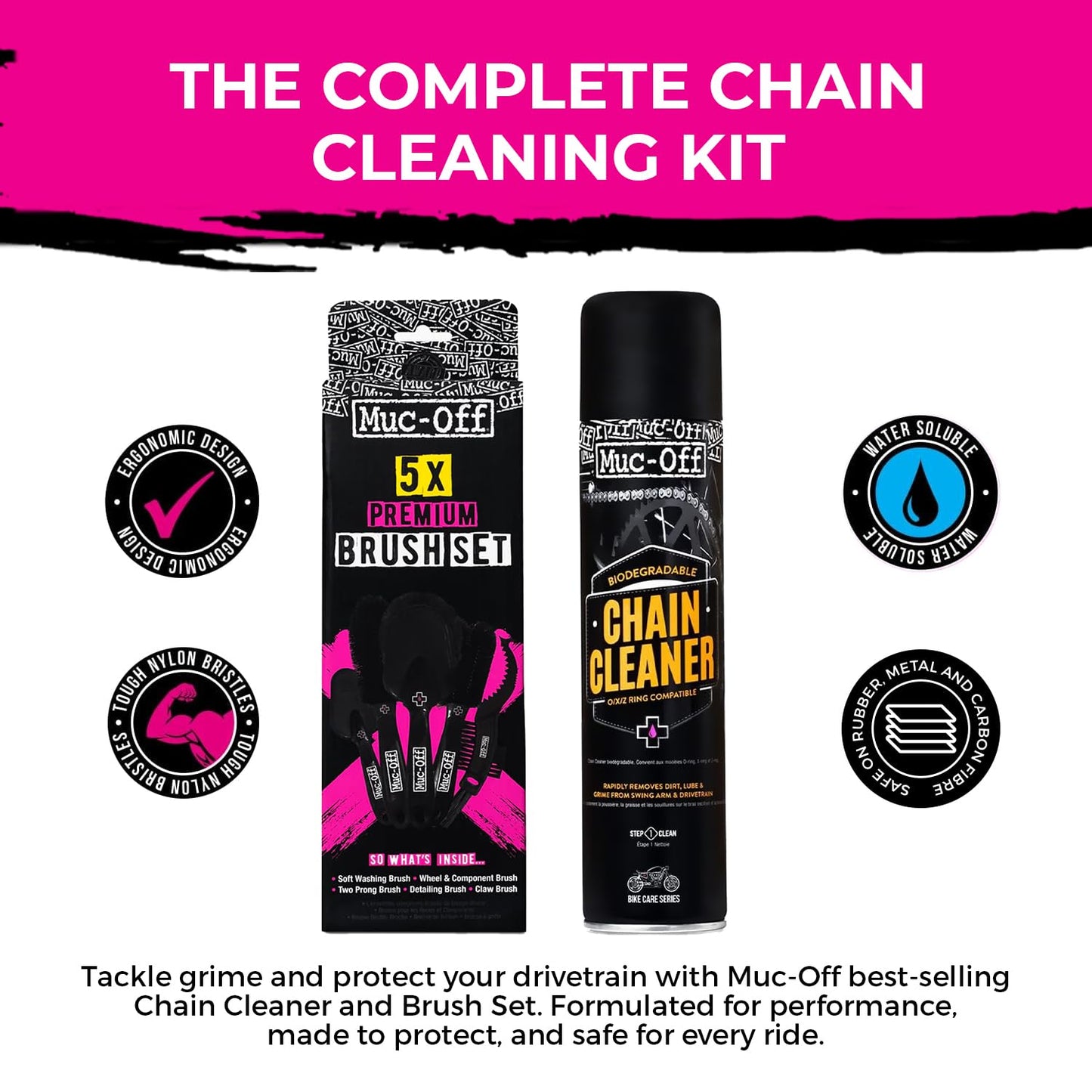 Muc-Off Motorcycle Chain Cleaner 400ml + Motorcycle All-Weather Chain Lube 400ml Bundle | Water-Soluble Cleaner & Premium Synthetic Lube with Ceramic Additives | Long Distance All-Weather Protection