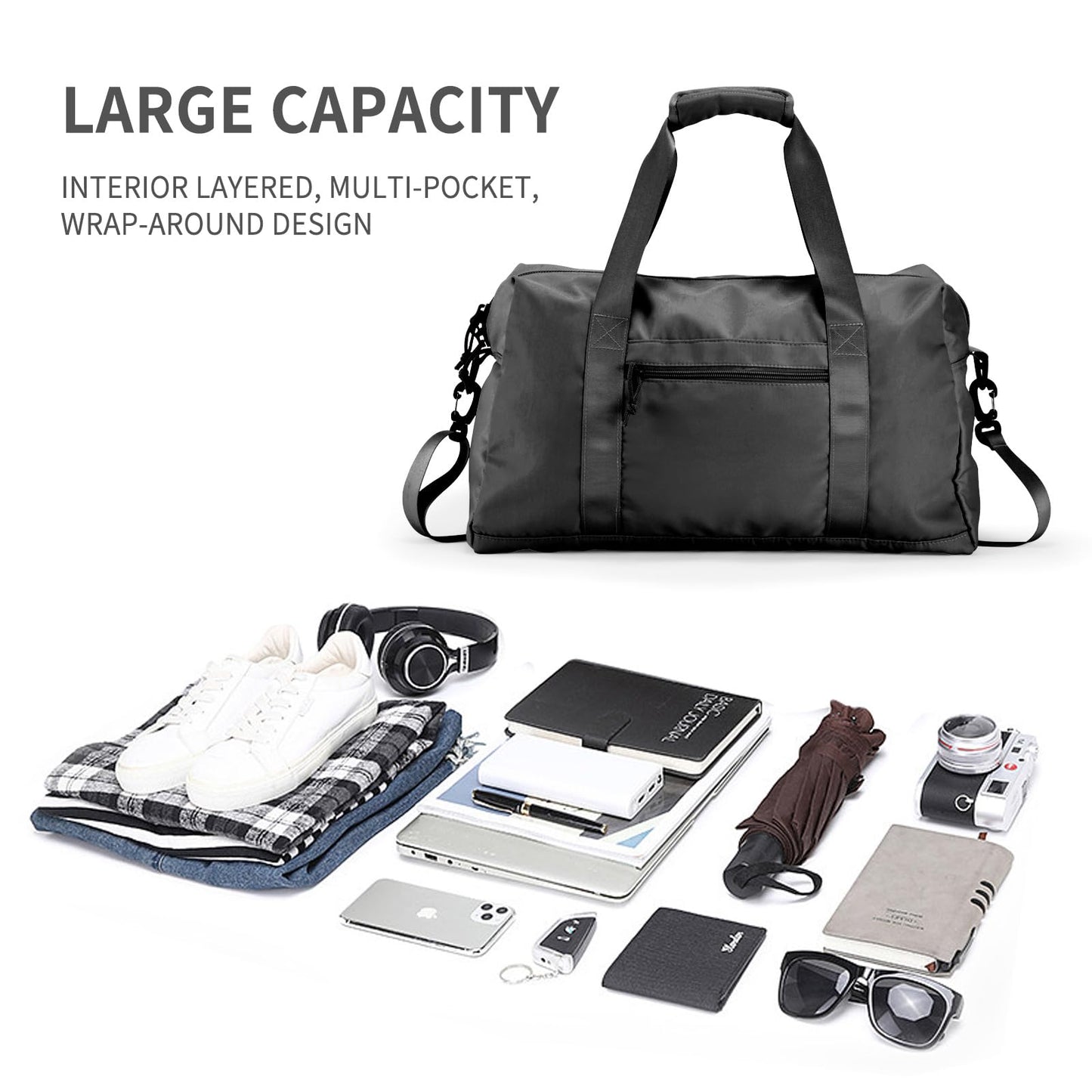 Travel Duffle Bag,Sport Gym Bag for Men And Women with Wet Pocket,Weekender Bag Carry On Tote Bags for Airplane (Black, M)
