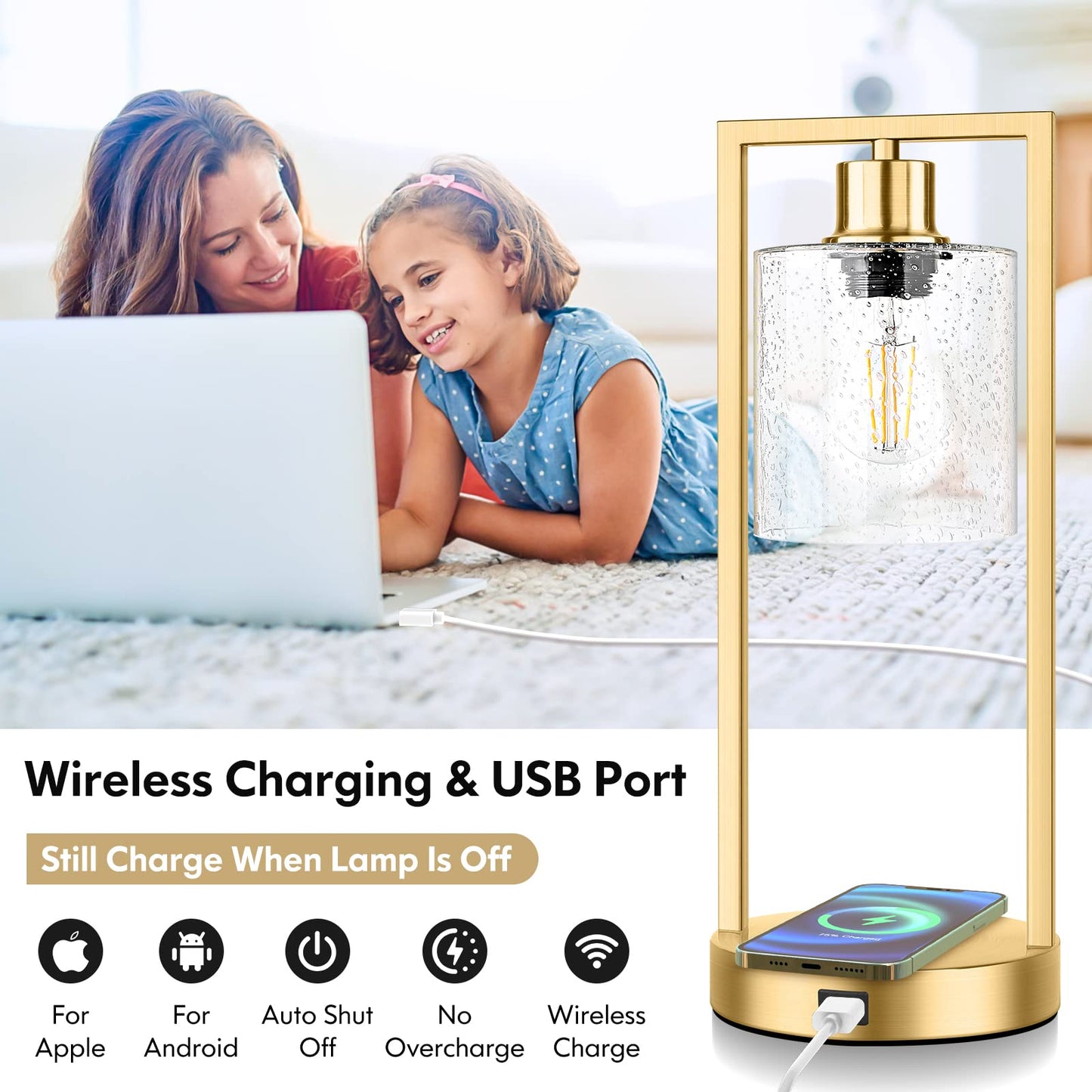 Gold Wireless Charging Lamps for Bedrooms Set of 2, Bedside Touch Table Lamps 3-Way Dimmable, Bubble Glass Lamp Sets for Living Room Nightstands End Tables Office, USB Port, E26 LED Bulbs Covered