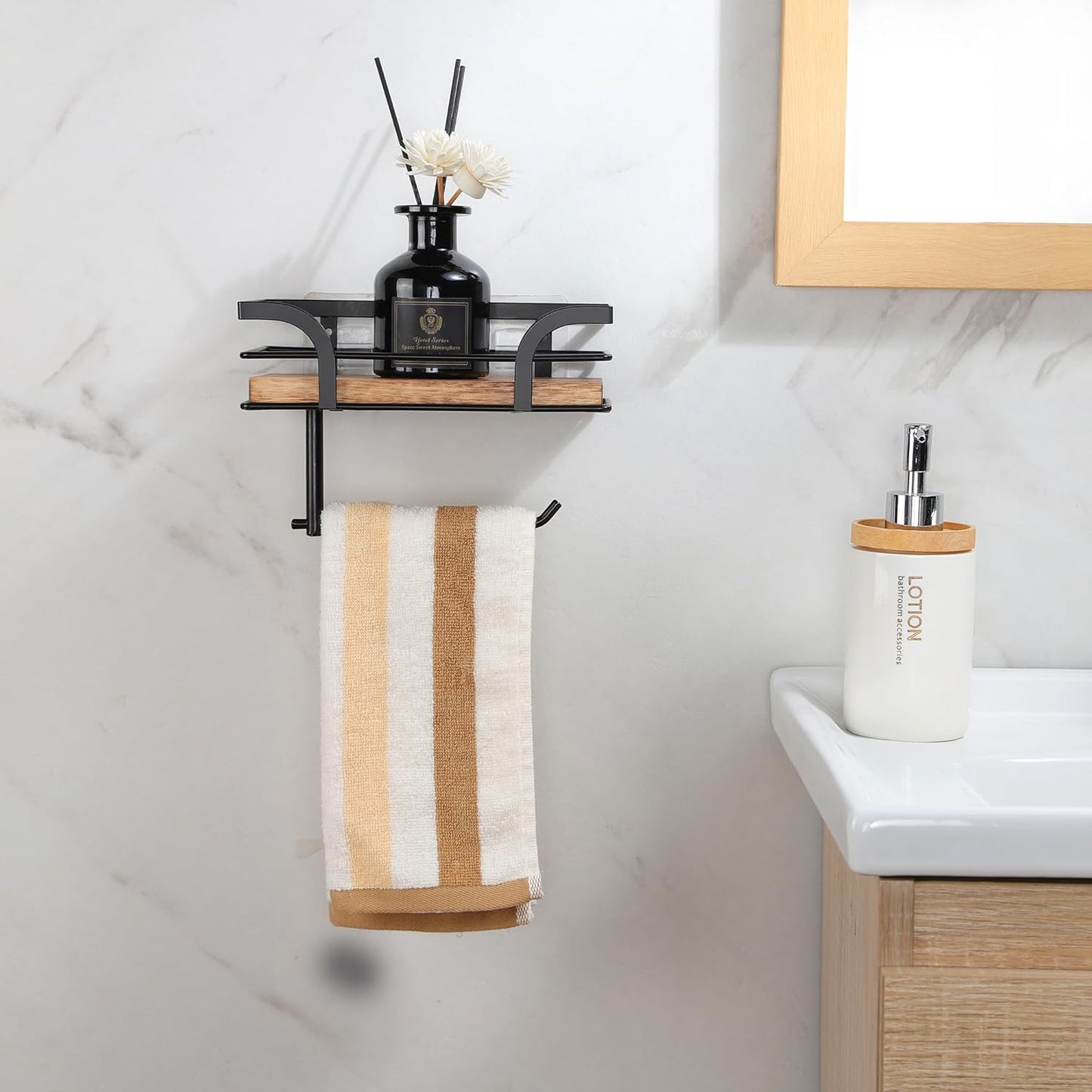 Rustic Farmhouse Toilet Paper Holder - Stylish Shelf for Wipes & Phone | Warm Brown Wood & Black Metal